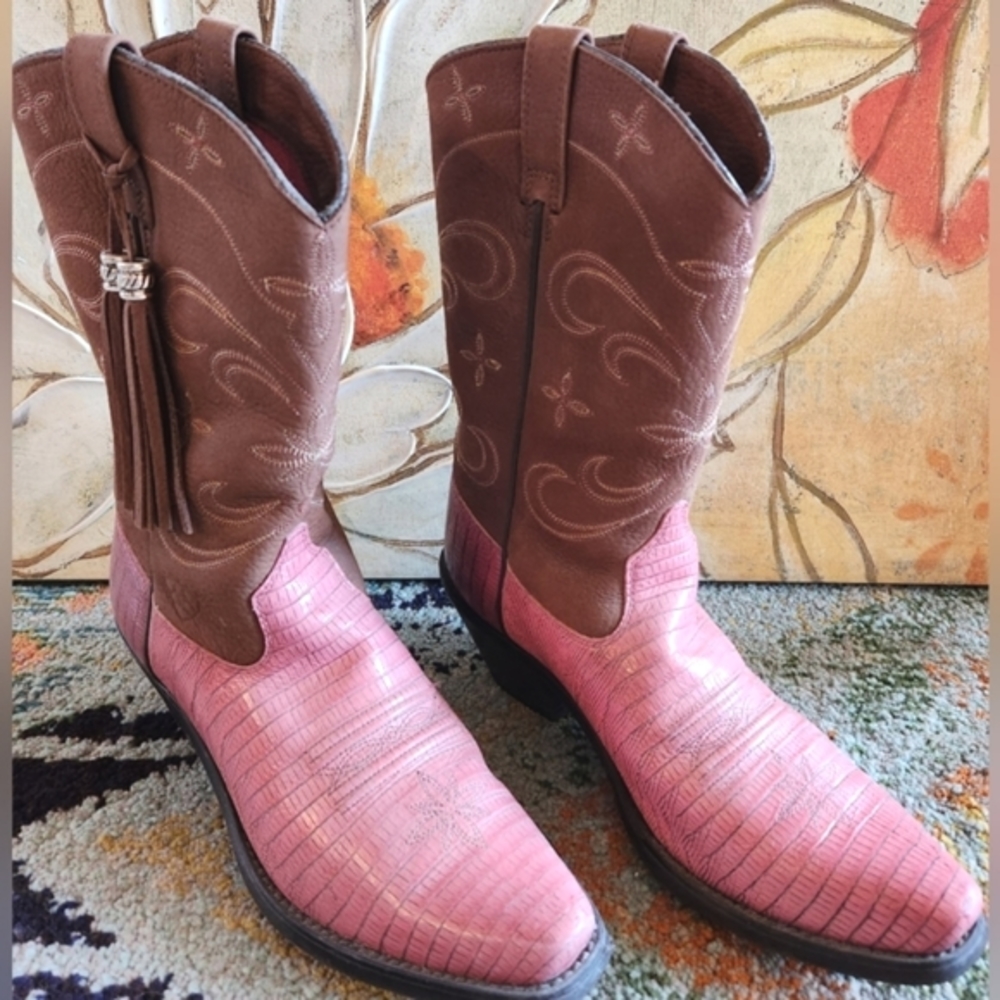 ARIAT Heritage Snip Snub Nose Brown Pink Croc Fringe Tassle Leather Boots 8.5 B - Picture 2 of 16
